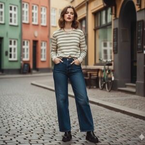 Nordstrom Signature Women's Cashmere Ivory & Green Striped Crewneck Sweater Sz S